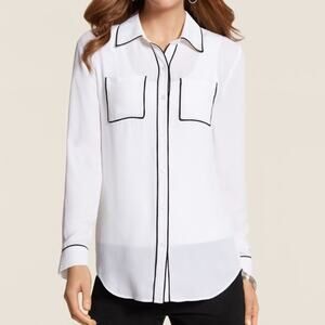 Chico's Piped Outlines White + Black Sophie Blouse Sz 0 (US Small) NWT